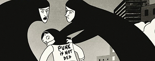 Zwei iranische Revolutionswächterinnen stellen die junge Marjane zur Rede, die ein Punk is dead T-Shirt trägt